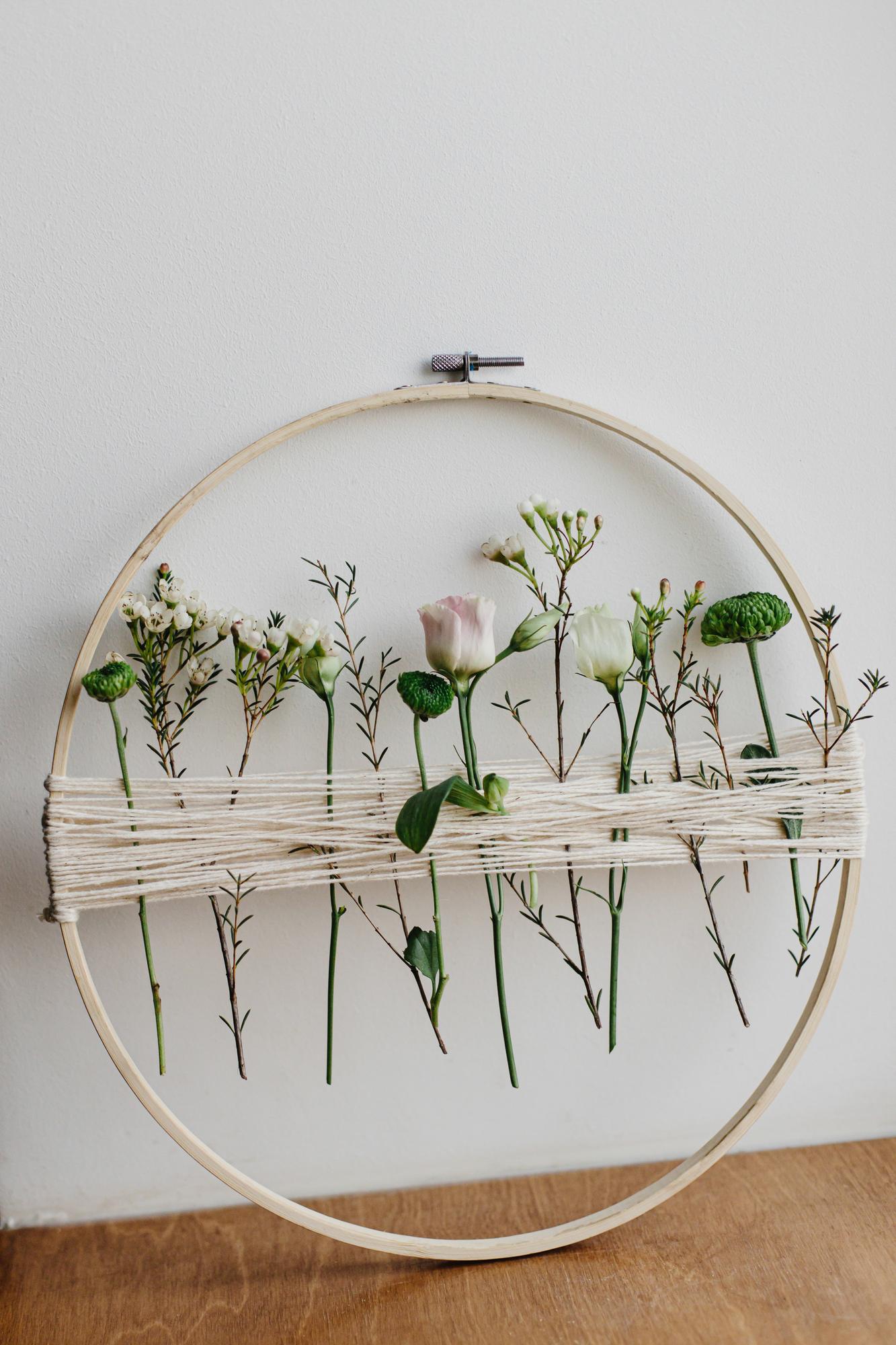 Workshop interior with embroidery hoops and plants
