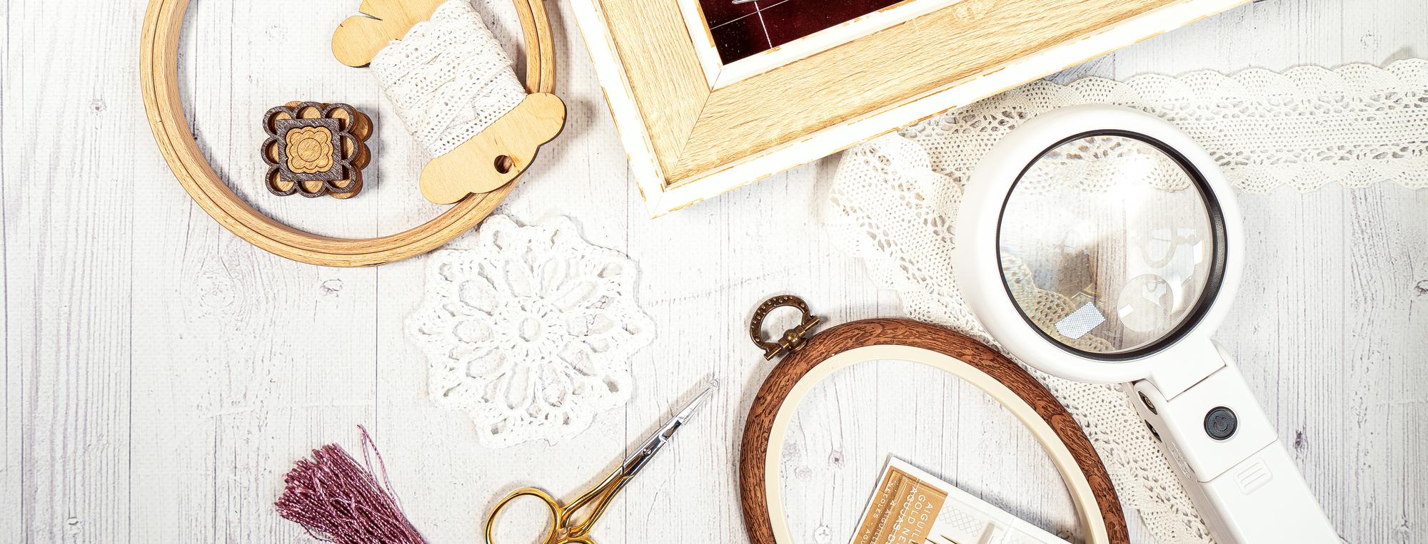 Workshop table with hoops and threads