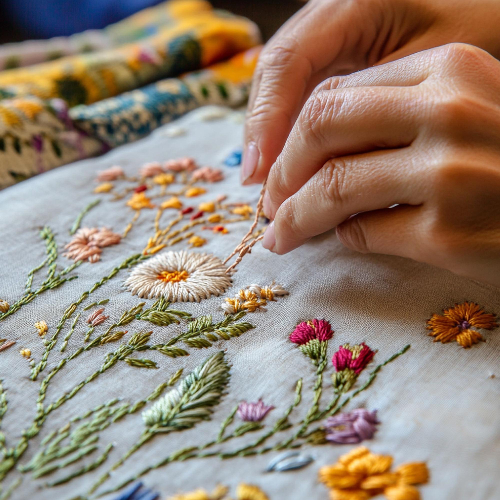 Close hands embroidering a floral motif